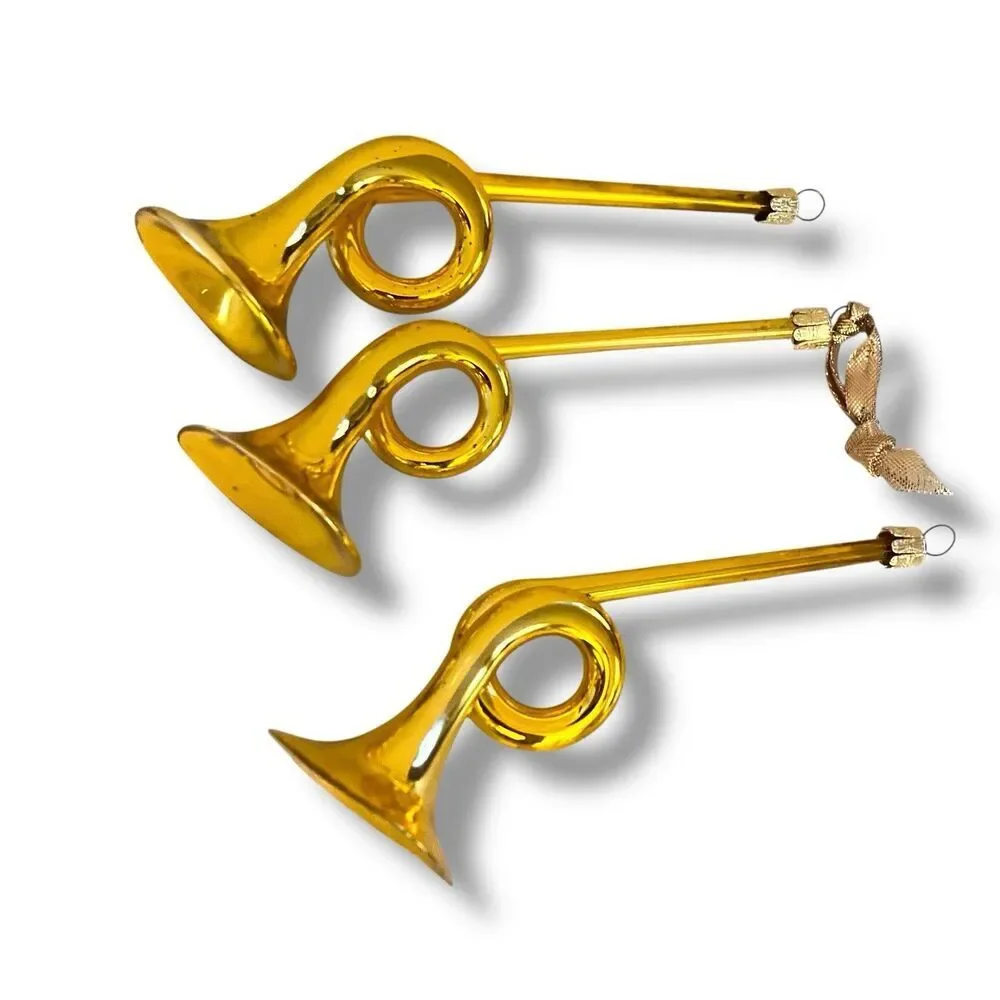 Vintage 1950's Slovakia Set Of 3 Gold Mercury Glass French Horn Ornaments